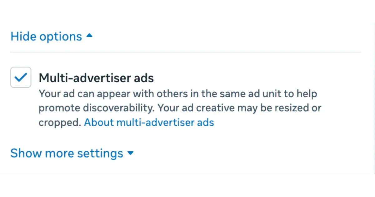 Menu Anúncios com vários anunciantes e a opção mostrar mais configurações