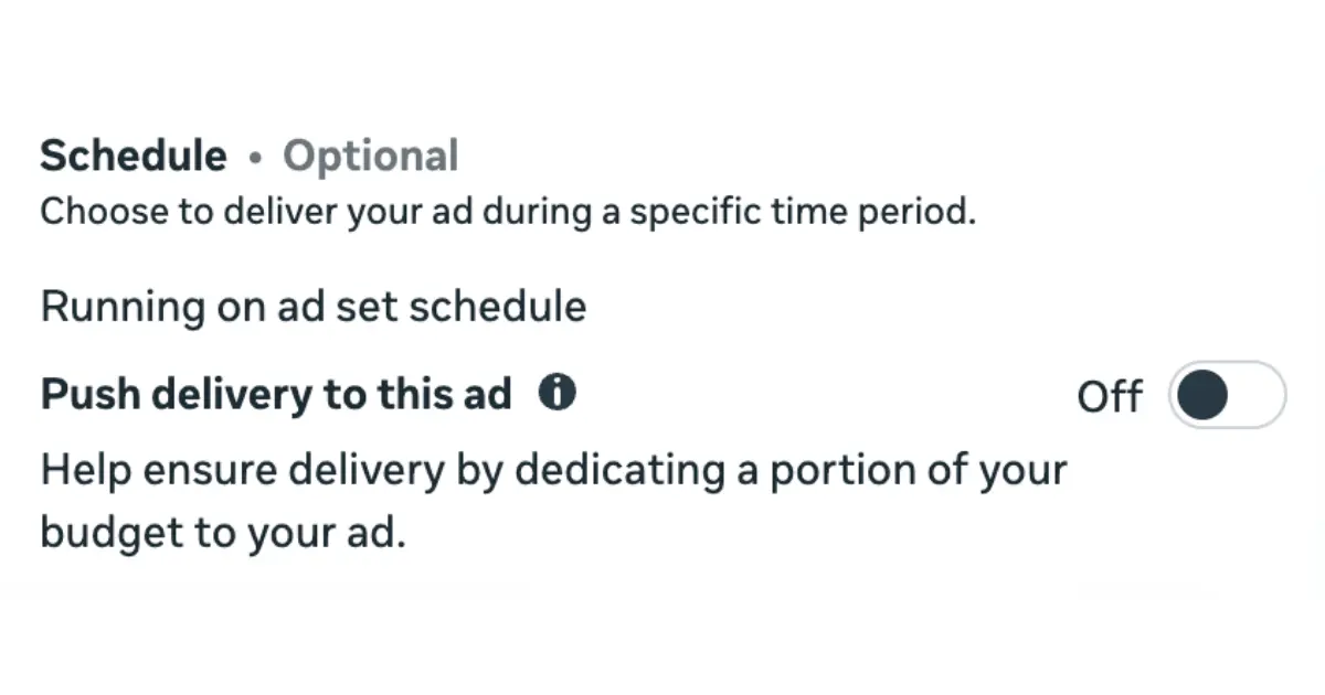 Opção Push delivery to this ad desligada