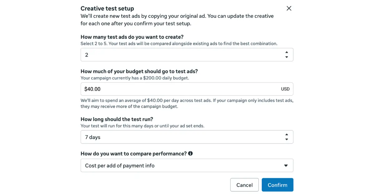 Painel de configuração do Teste de Criativo da Meta
