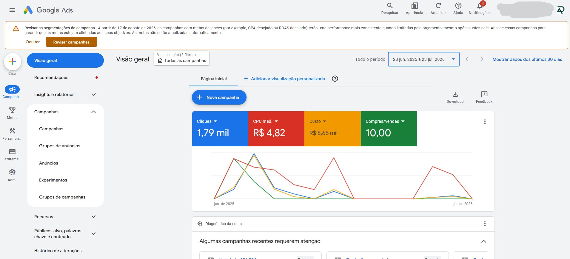 Aviso do Google Ads no topo da conta, em tela cheia