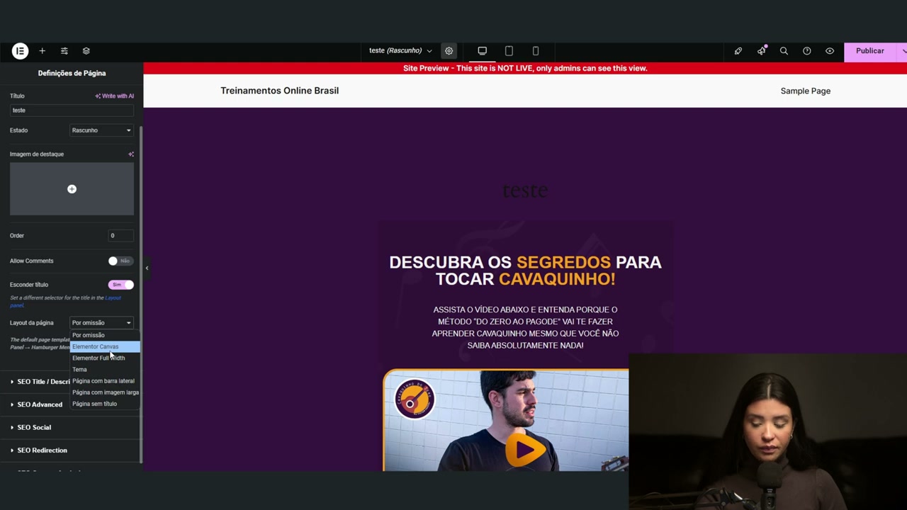 Configurações da página no Elementor com a opção de layout Elementor Canvas