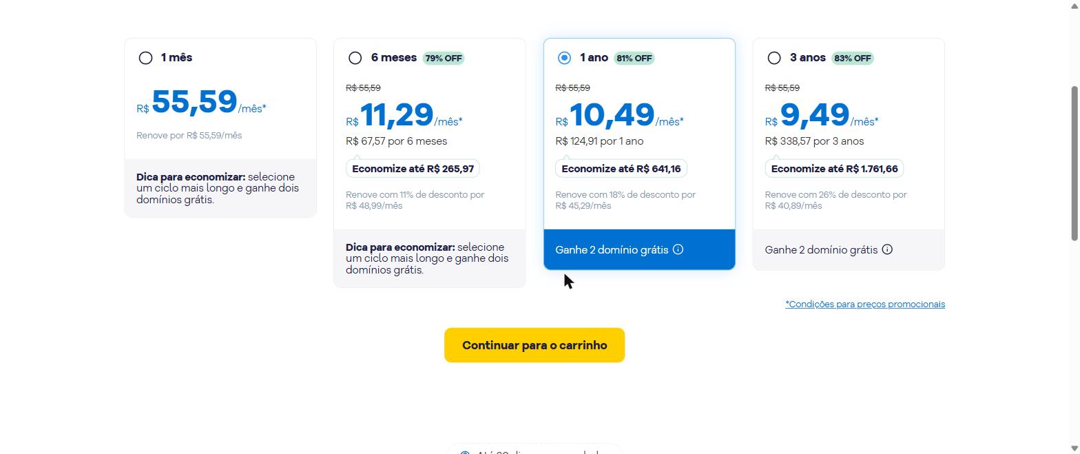 Tela de escolha do ciclo de assinatura da HostGator: 1 mês, 6 meses, 1 ano e 3 anos