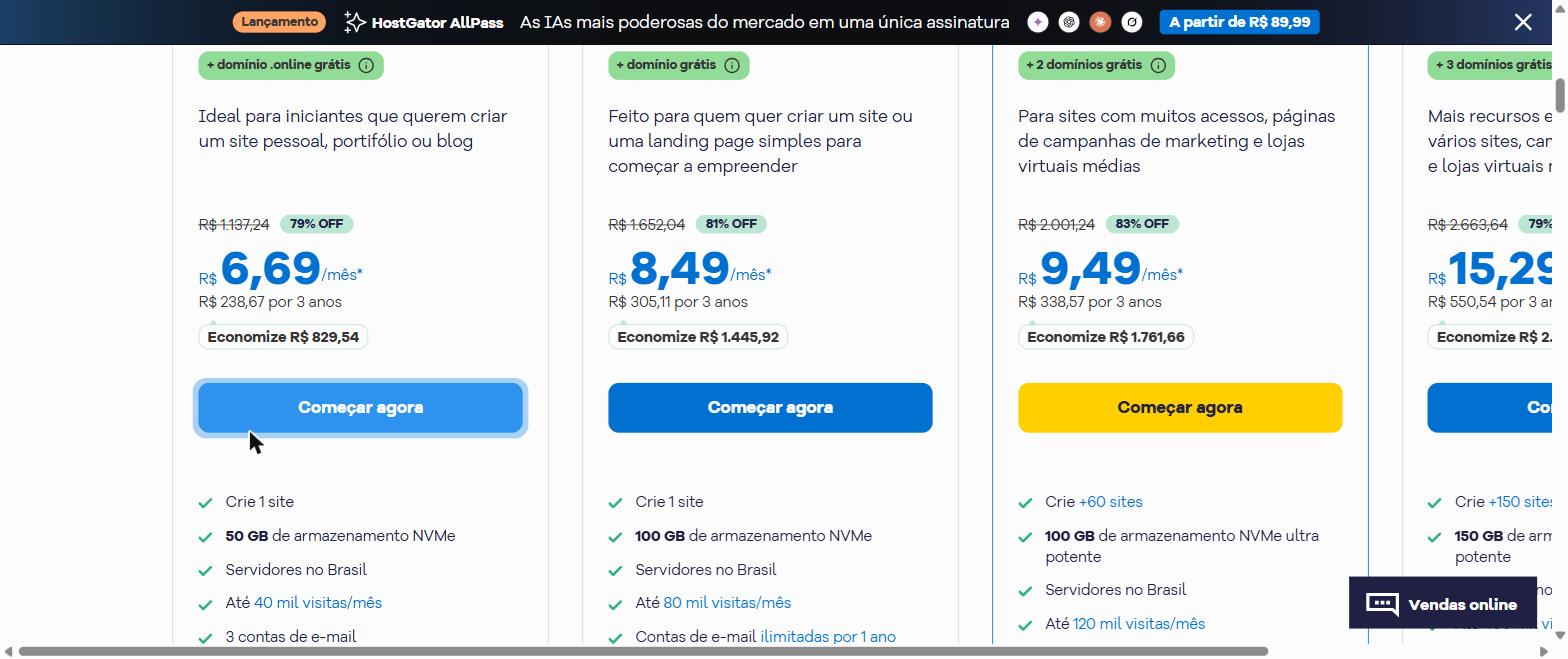 Comparação dos planos de hospedagem da HostGator: Start, P, M e Turbo com preços e recursos