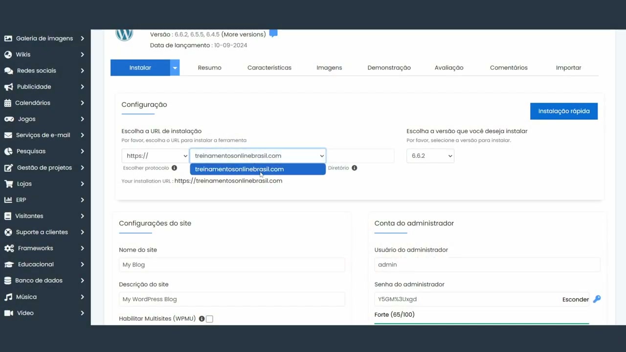 Tela de instalação do WordPress mostrando escolha de domínio, protocolo https e versão