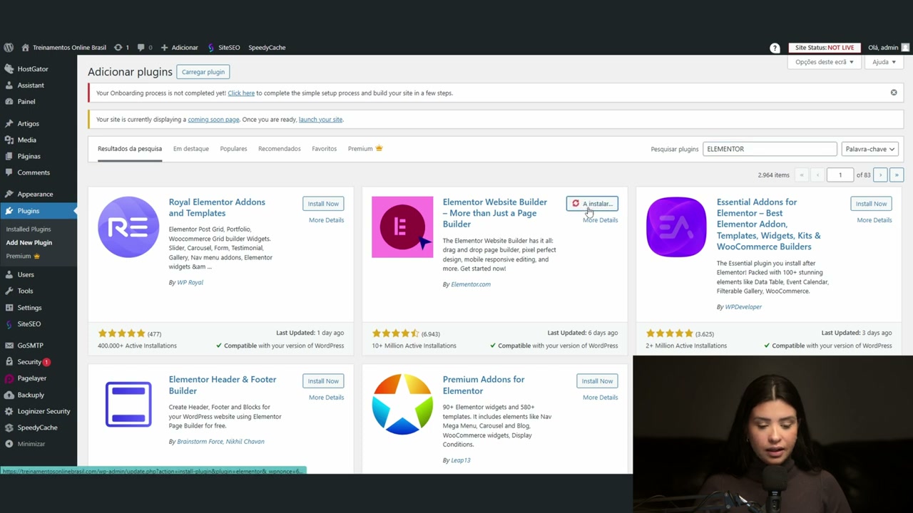 Busca pelo plugin Elementor na área de plugins do WordPress
