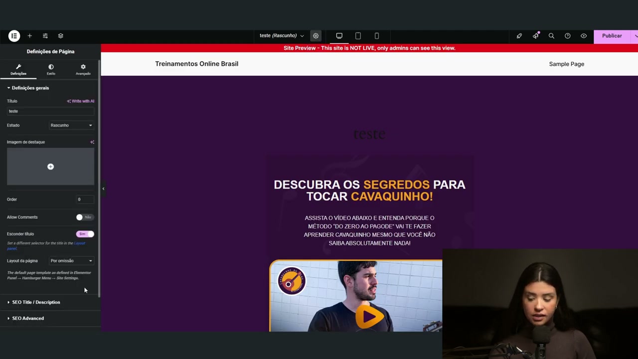 Página de vendas importada e montada dentro do editor Elementor