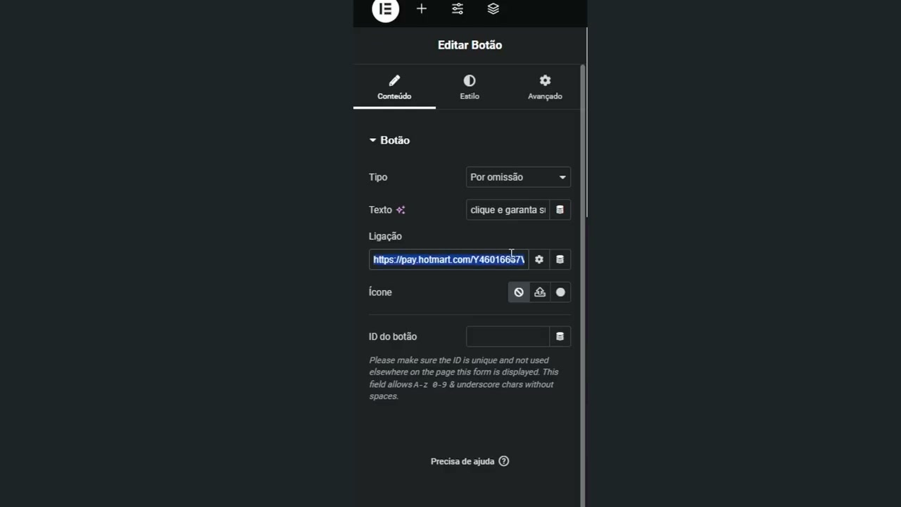Campo de link do botão no Elementor sendo trocado pelo link de afiliado