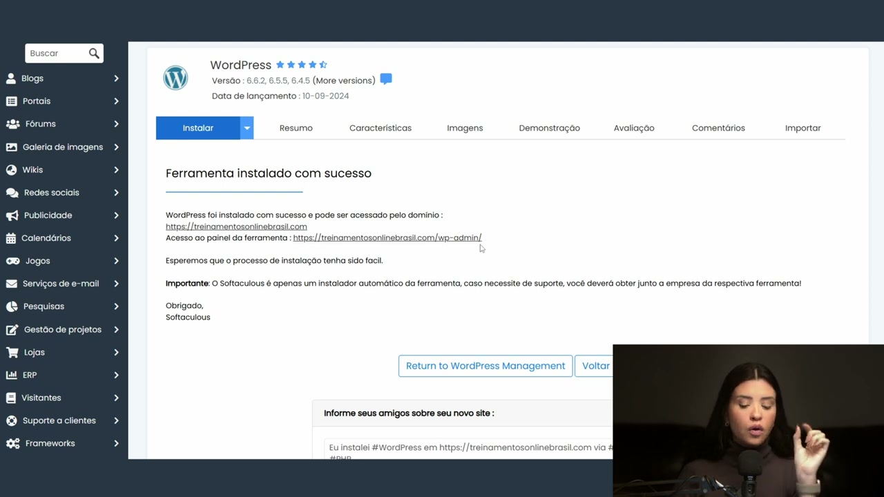Mensagem de WordPress instalado com sucesso e o link de acesso ao painel
