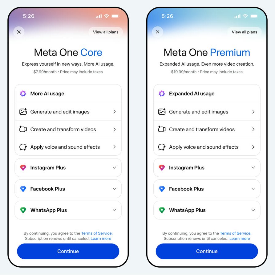 Telas dos planos Meta One Core e Meta One Premium