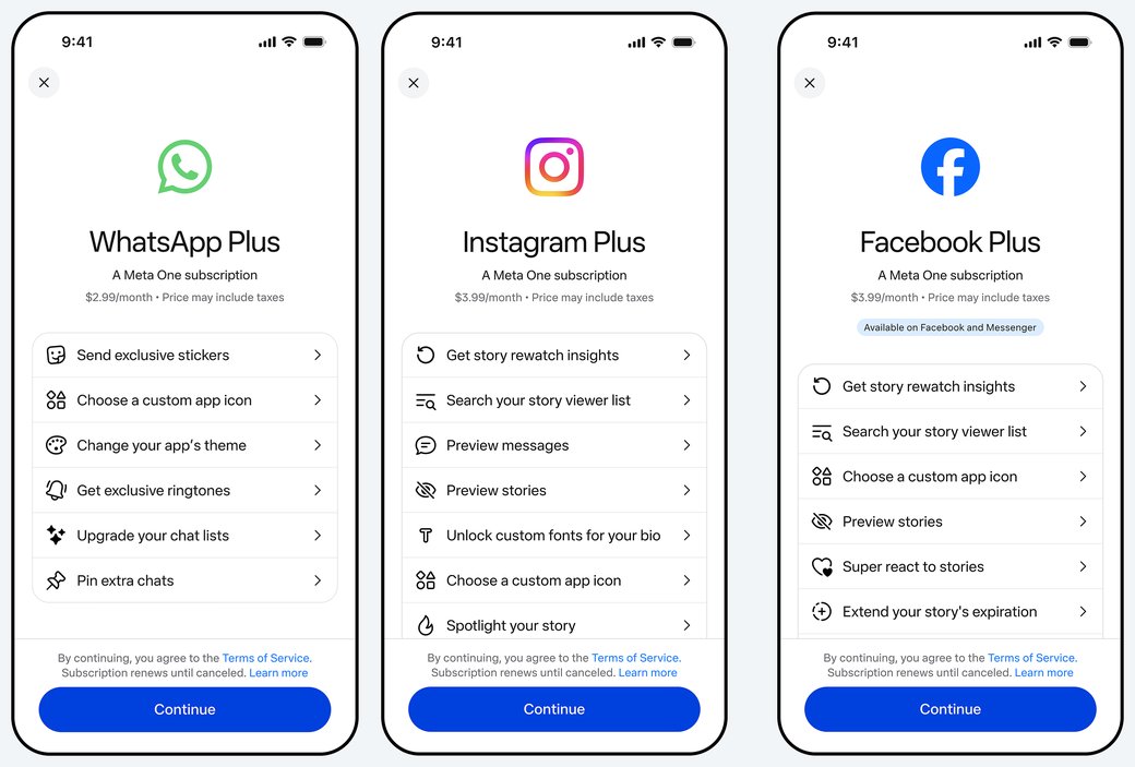 Telas das assinaturas WhatsApp Plus, Instagram Plus e Facebook Plus do Meta One