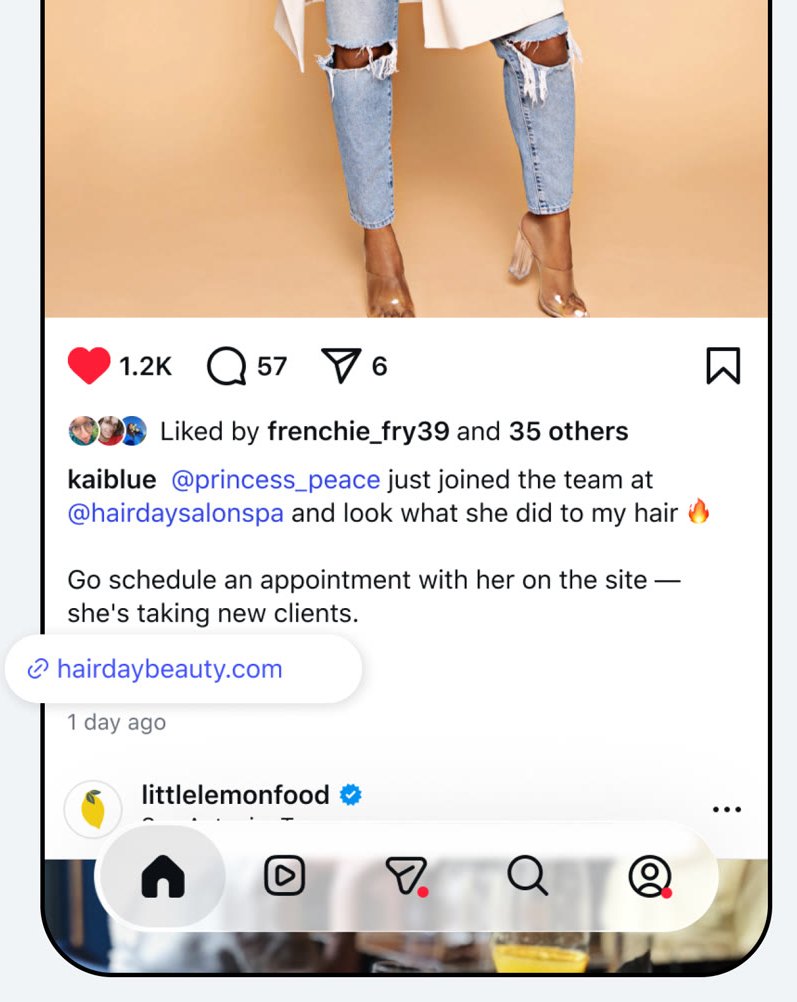 Post do Instagram com link clicável abaixo da legenda, recurso do Meta One