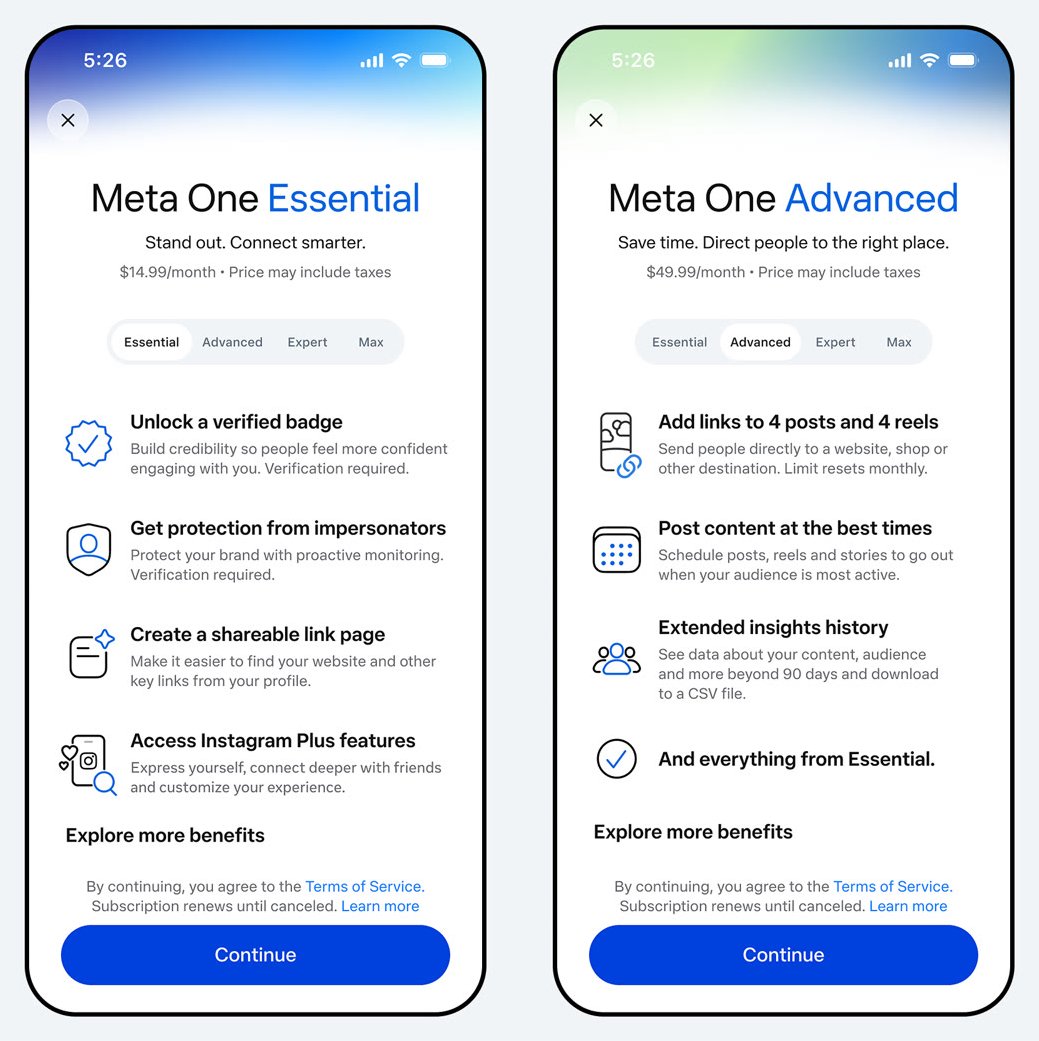 Telas dos planos Meta One Essential e Meta One Advanced com preços e recursos