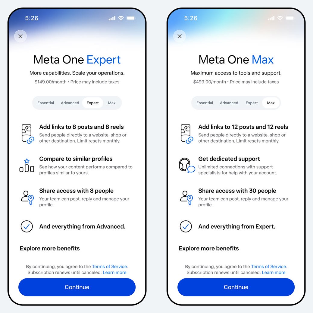 Telas dos planos Meta One Expert e Meta One Max com limites de links e suporte